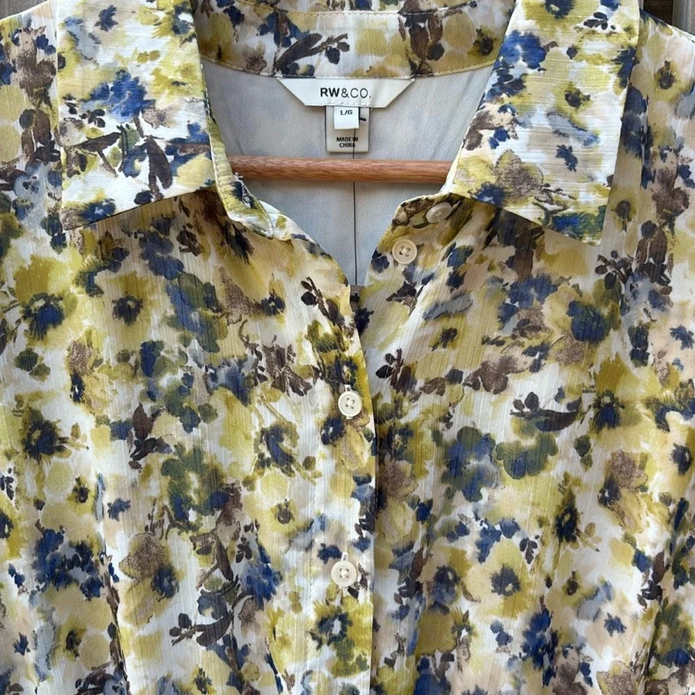 RW&Co Short Sleeved Button Down Chiffon Dress Floral Dress with Belt Sz L - Picture 4 of 11